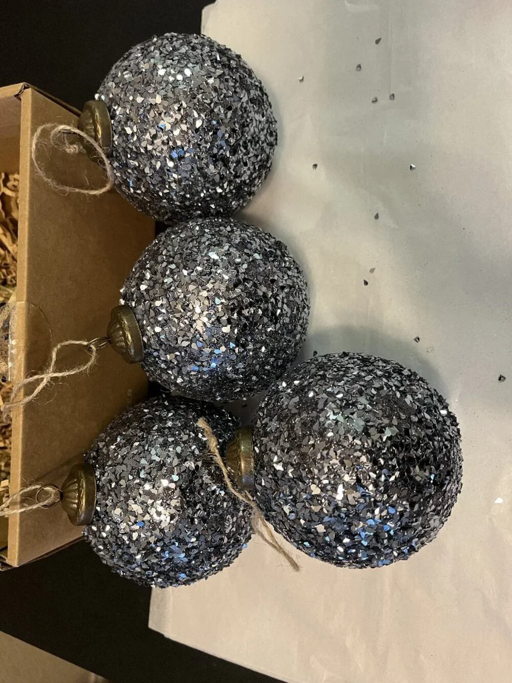 Pottery Barn Set of 4 German Glitter Round Blue Christmas Tree Ornaments